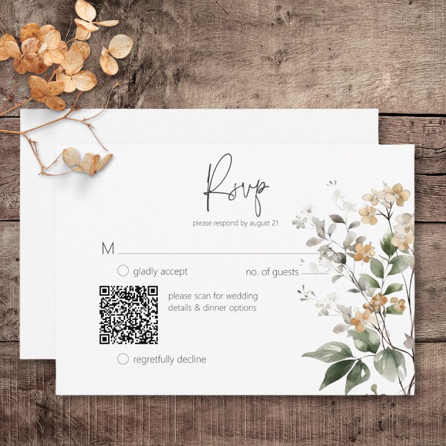 Rustikale Delicate Tan Fall Wildblume QR Code RSVP Karte (Rustic Delicate Tan Fall Wildflowers Wedding Response Card with QR Code)