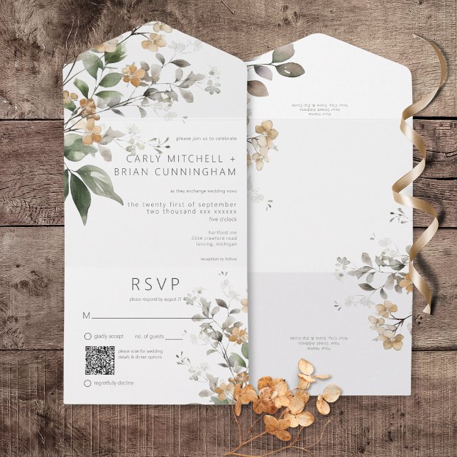 Rustikale Delikatesse Tan Fall Wildblumen QR Code All In One Einladung (Rustic Delicate Tan Fall Wildflowers All In One Wedding Invitation with QR Code)