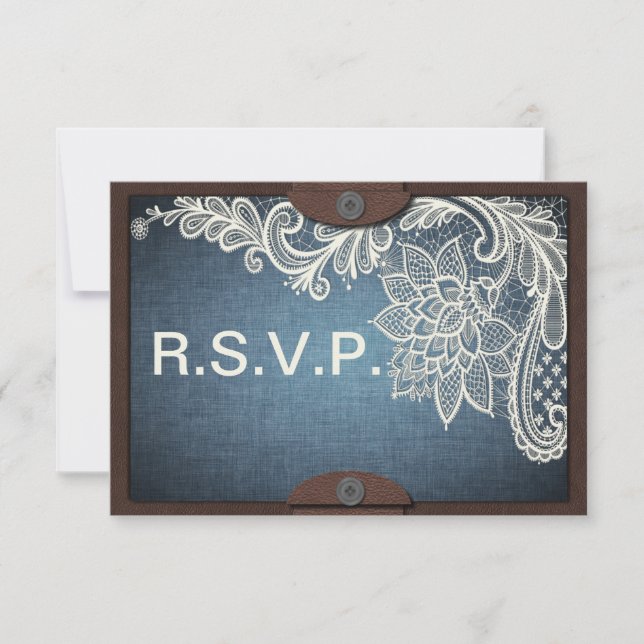 Rustikale Denim-, Lace & Leather Wedding RSVP Card Karte (Vorderseite)