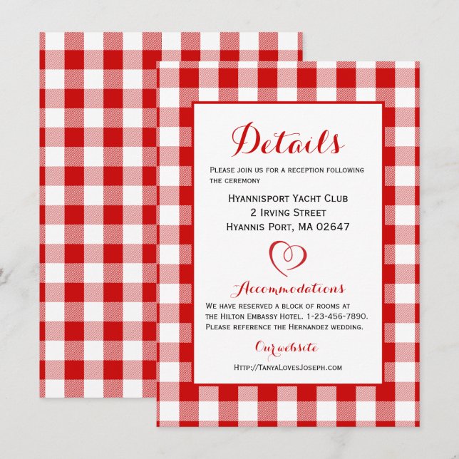 Rustikale Details Anfahrtswege Gingham Red White K Einladung (Vorne/Hinten)