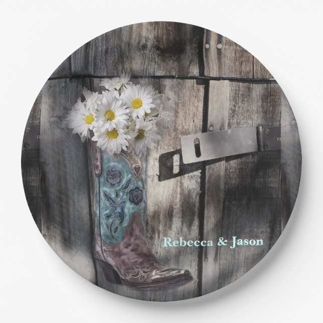rustikale Disy Cowboy Stiefel Western Hochzeit Pappteller (Vorderseite)
