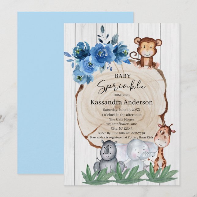 Rustikale Dschungeltiere Blush Floral Baby Sprinkl Einladung (Vorne/Hinten)