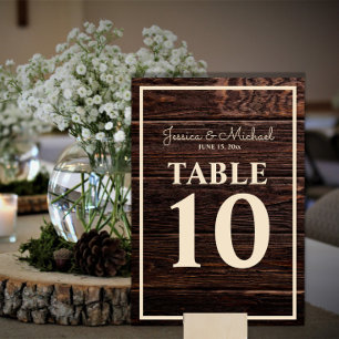 Rustikale dunkelbraune Holz-Cream-Hochzeit Tischnummer