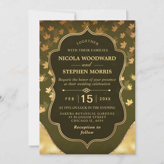 Rustikale dunkelgrüne und goldene Herbstlaube Hoch Einladung (Vorderseite)
