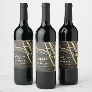 Rustikale Dunkelwald-Winterbaumhochzeit Weinetikett