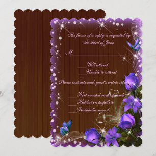 Rustikale dunkle Holz Hochzeit lila Blumen Antwort Einladung