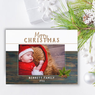 Rustikale dunkle Holz-Kiefer-Frohe-Weihnachten-Fot Feiertagspostkarte