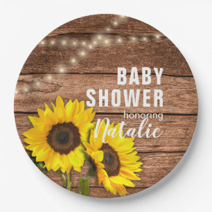 Rustikale Dunkle Holz-Sonnenblumen-Lichter Baby Sh Pappteller