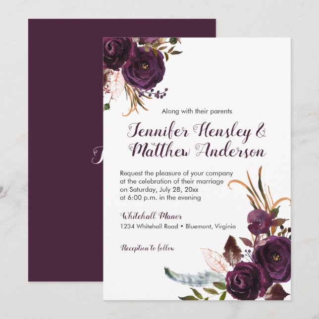 Rustikale Dunkle Lila Floral Boho Hochzeit im Herb Einladung (Vorne/Hinten)