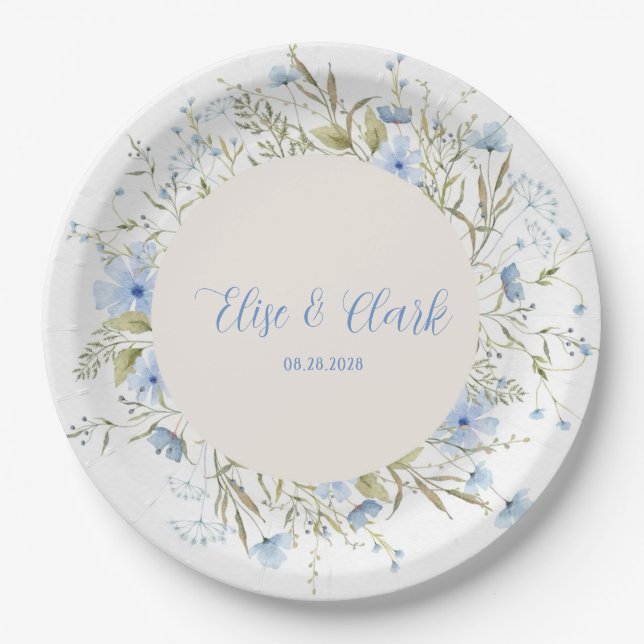 Rustikale Dusty Blue Delikate Wildblume Wedding Pappteller (Vorderseite)