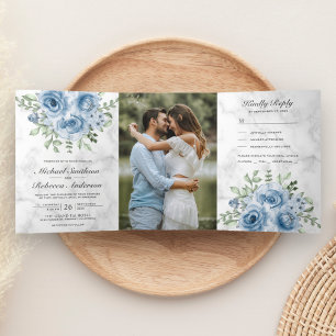 Rustikale Dusty Blue Rose Foto Weißer Marmor Hochz Dreifach Gefaltete Einladung