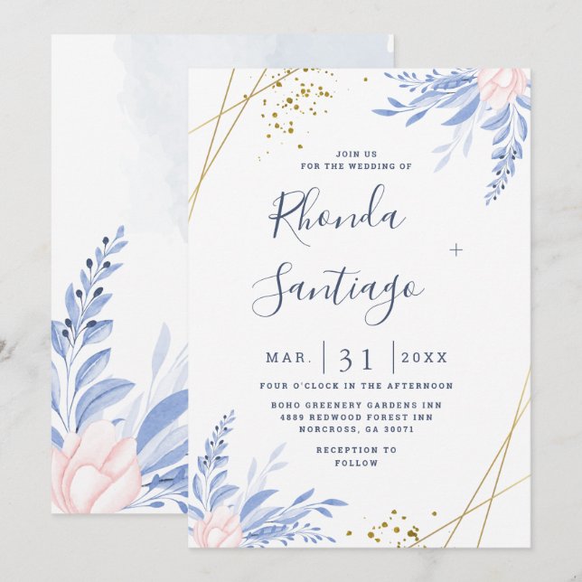 Rustikale Dusty Blue Watercolor Blätter GoldWeddin Einladung (Vorne/Hinten)