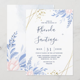 Rustikale Dusty Blue Watercolor Blätter GoldWeddin Einladung