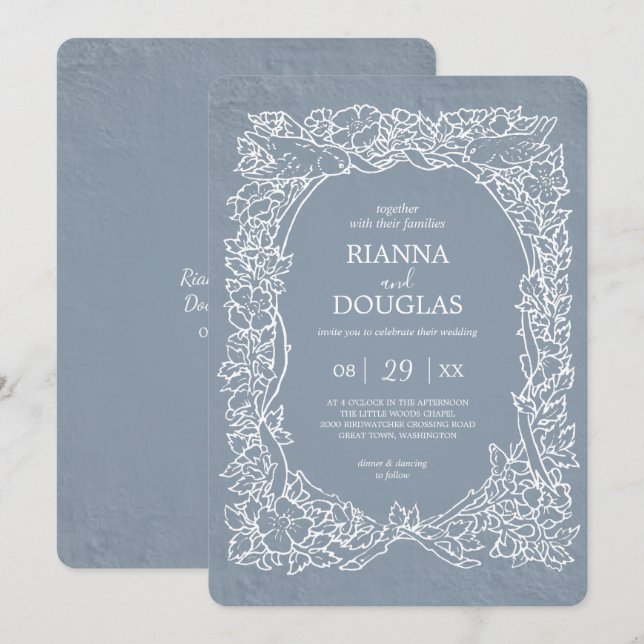 Rustikale Dusty Blue & White Floral Bird Hochzeit Einladung (Vorne/Hinten)