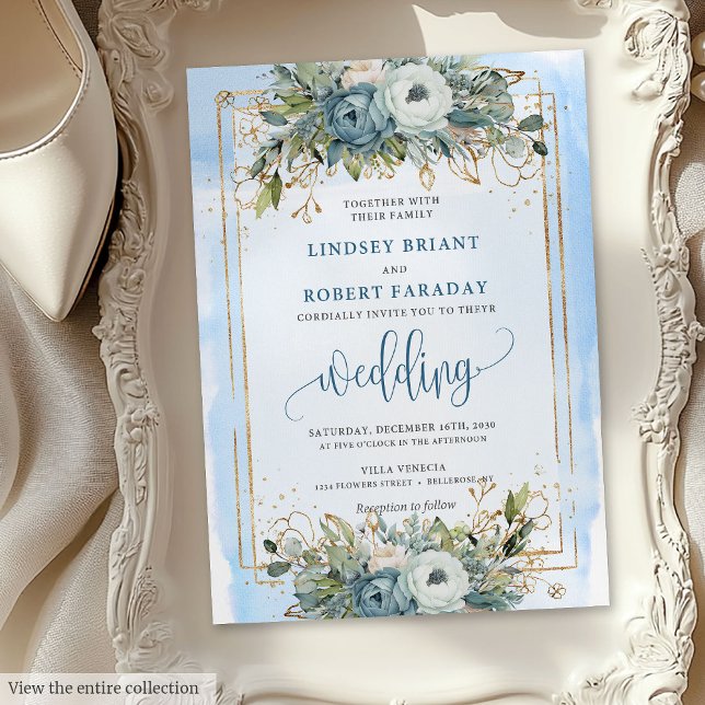 Rustikale Dusty Blue White Gold Floral Wedite Einladung (Rustic Dusty Blue White Gold Floral Wedding Invite)