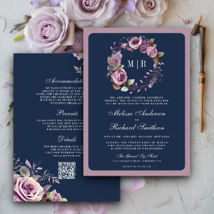 Rustikale Dusty Lila Floral Navy QR Code Hochzeit Einladung