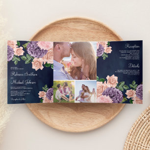 Rustikale Dusty Peach Lila Floral Navy Blue Hochze Dreifach Gefaltete Einladung