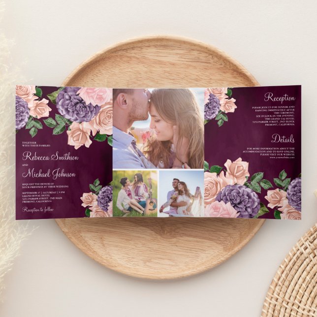 Rustikale Dusty Peach Lila Floral Pflaume Hochzeit Dreifach Gefaltete Einladung (Von Creator hochgeladen)