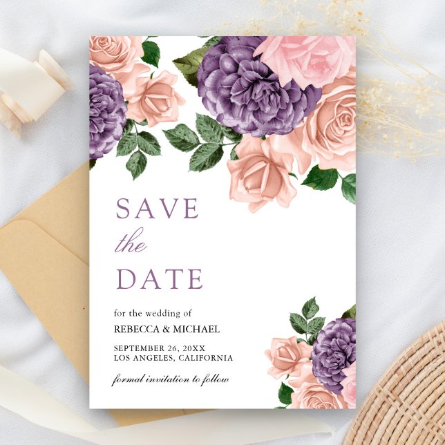 Rustikale Dusty Peach Lila Floral Wedding Save The Date (Von Creator hochgeladen)
