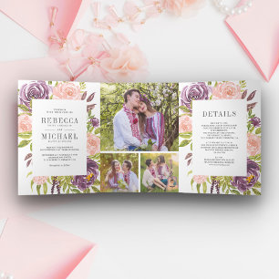Rustikale Dusty Pflaume Lila Blush Pink Blumenzehe Dreifach Gefaltete Einladung