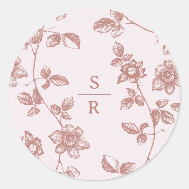 Rustikale Dusty Pink Floral Monogram Wedding Runder Aufkleber (Vorderseite)
