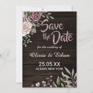 Rustikale Dusty Rose Floral auf dunklem Holz Save The Date