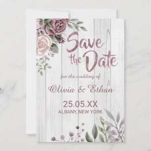 Rustikale Dusty Rose Floral auf Holz Save The Date