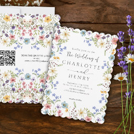 Rustikale Einfache Wildblume, White QR Code Hochze Einladung