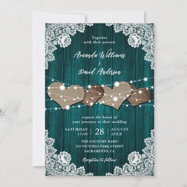 Rustikale Einladung zur Hochzeit aus Aquamarinem H (Vorderseite)