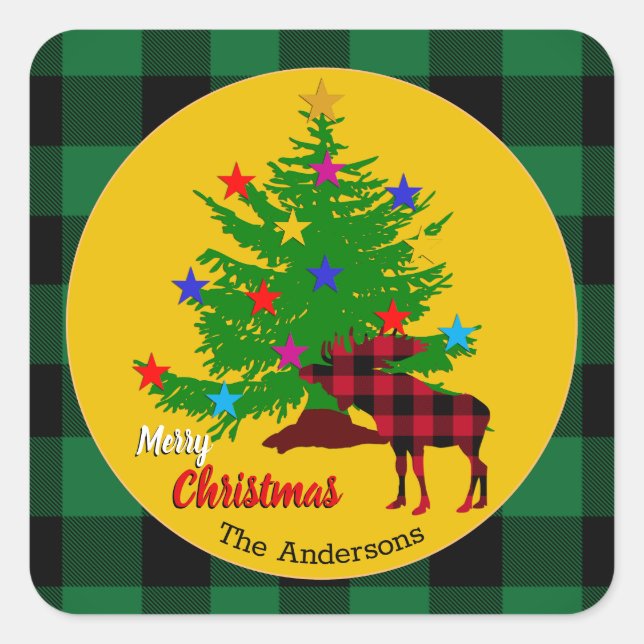 Rustikale Elche, Christbaum, Familienname, Kariert Quadratischer Aufkleber (Vorderseite)
