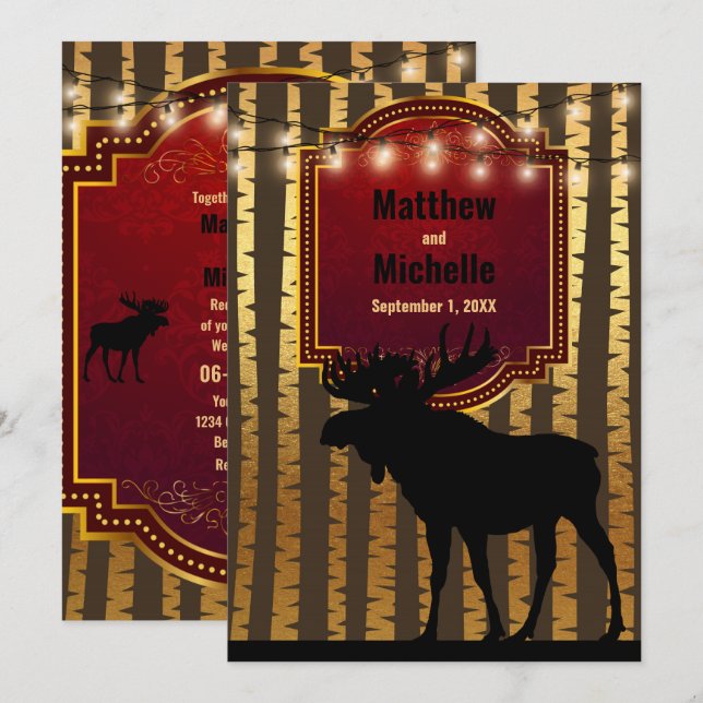 Rustikale Elche, goldene Aspen Bäume und Lichter H Einladung (Vorne/Hinten)