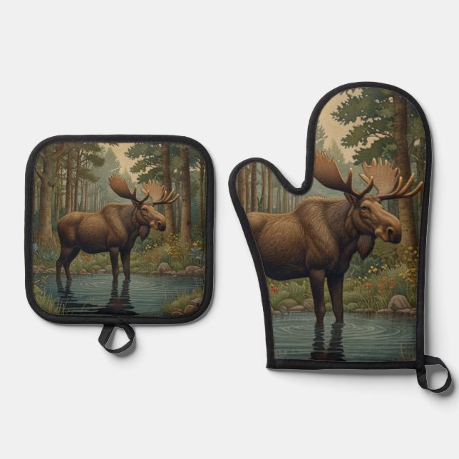 Rustikale Elchhirsche, bohobogische Waldlandschaft Ofenhandschuh & Topflappen-Set (Vorderseite)