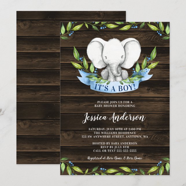 Rustikale Elefant Boy Baby Shower Einladungen (Vorne/Hinten)