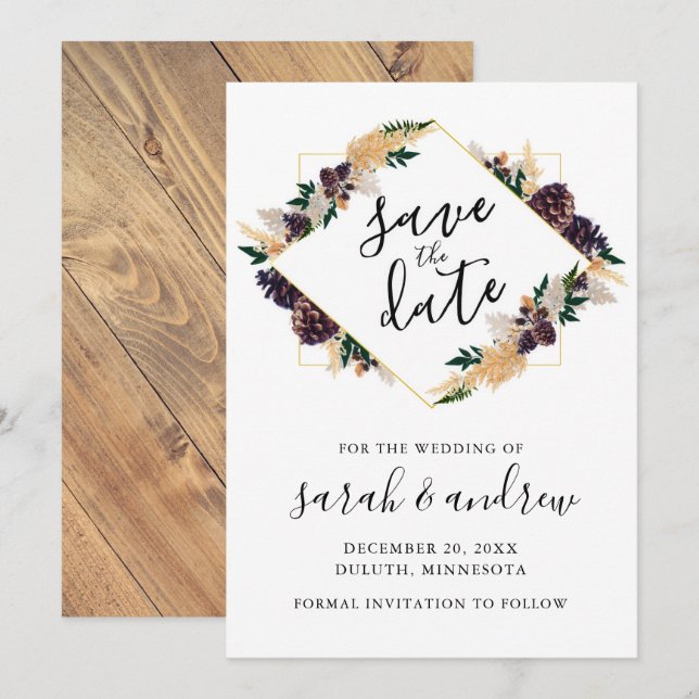 Rustikale Elegance Pine Cone Grüne Save the Date (Vorne/Hinten)