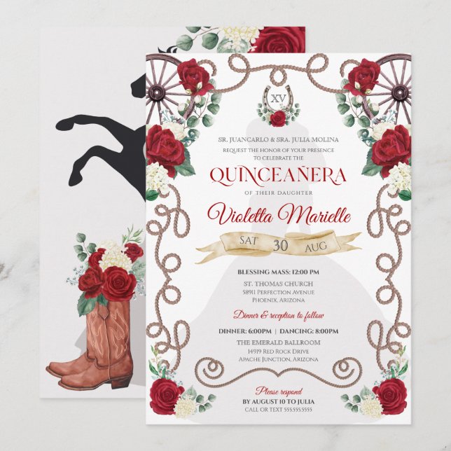 Rustikale Elegance Rote Rose Floral Charro Quincea Einladung (Vorne/Hinten)