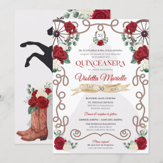 Rustikale Elegance Rote Rose Floral Charro Quincea Einladung