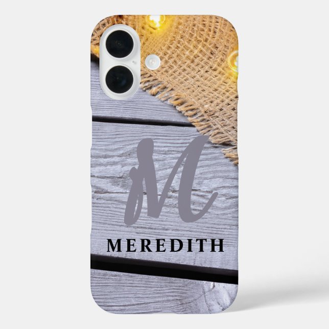 Rustikale Elegance Stallholz Burlap-Name und Monog iPhone 16 Hülle (Rückseite)