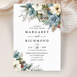 Rustikale Elegant Dusty Blue Floral Winter Wedding Einladung