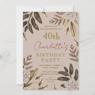 Rustikale Elegant Floral 40. Geburtstag Einladunge Einladung