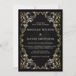 Rustikale Elegant-Ornamental Black Gold Hochzeit Einladung