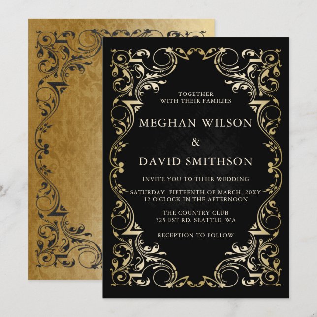Rustikale Elegant-Ornamental Black Gold Hochzeit Einladung (Vorne/Hinten)