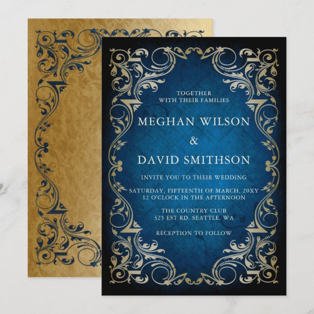 Rustikale Elegant Ornamental Blue Gold Hochzeit Einladung (Vorne/Hinten)
