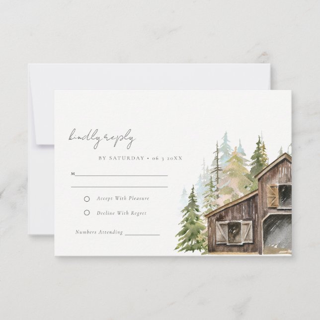 Rustikale Elegant Pine Woods Forest Barnyard Hochz RSVP Karte (Vorderseite)