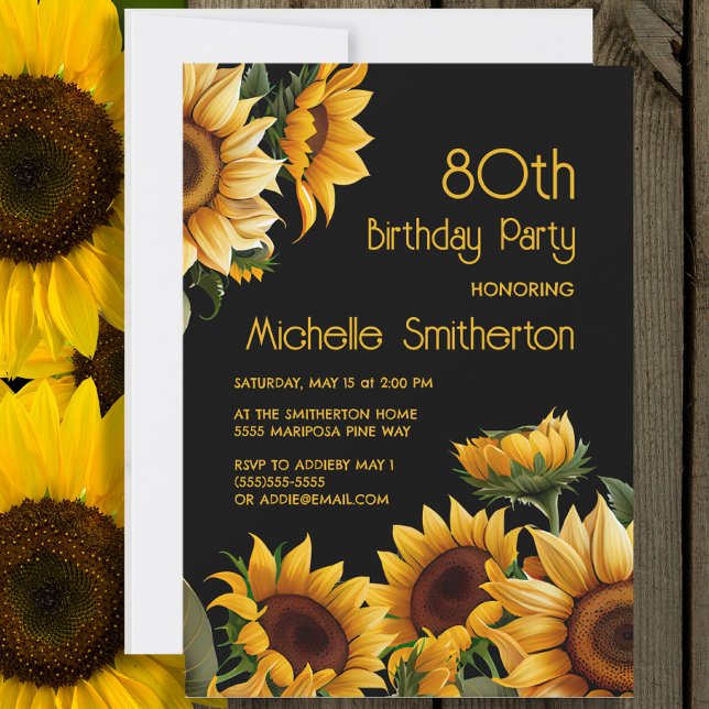 Rustikale Elegant Sonnenblumen Schwarz 80. Geburts Einladung (Sunflowers on black 80th birthday party invitation)