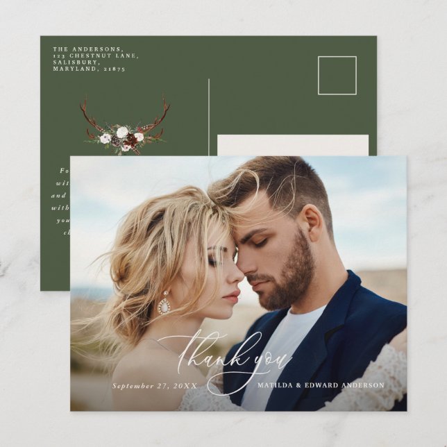 Rustikale elegante Hochzeit danke botanisch Einladungspostkarte (Vorne/Hinten)