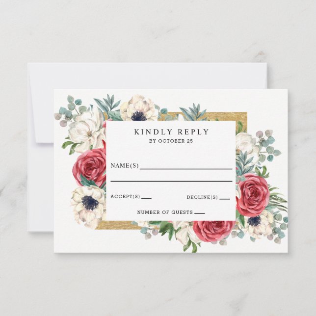 Rustikale, elegante Hochzeit in Rot und Gold RSVP Karte (Vorderseite)