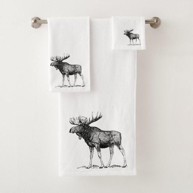 Rustikale, elegante Schwarz-Weiß-Elsenillustration Badhandtuch Set (Insitu)