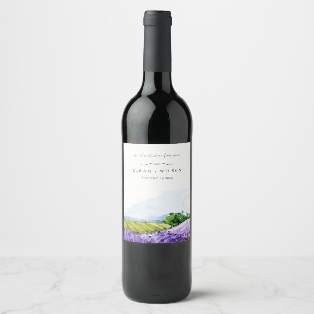 Rustikale Elegante Wasserfarben Lavendelfelder Hoc Weinetikett (Vorderseite)