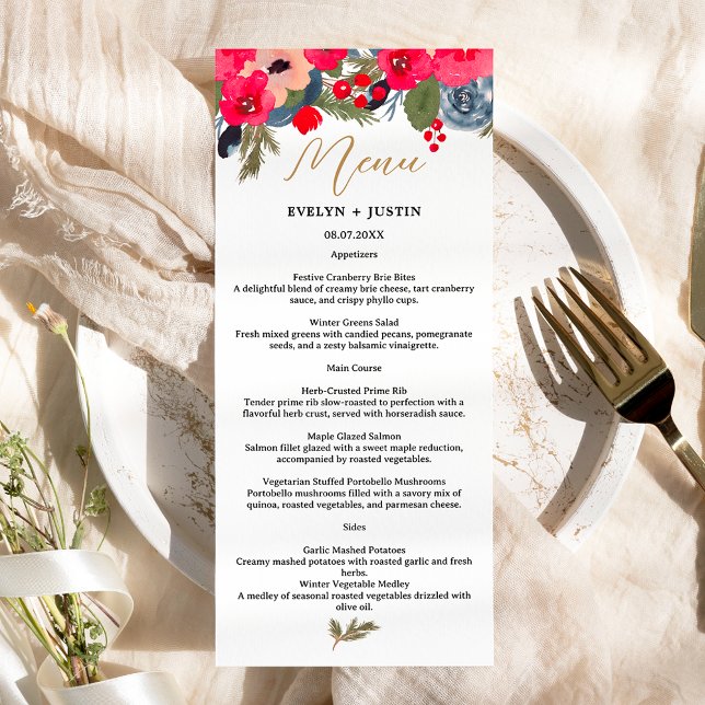 Rustikale, elegante Winter-Wasserfarbenhochzeit Menükarte (Rustic Elegant Winter Floral Watercolor Wedding Menu)