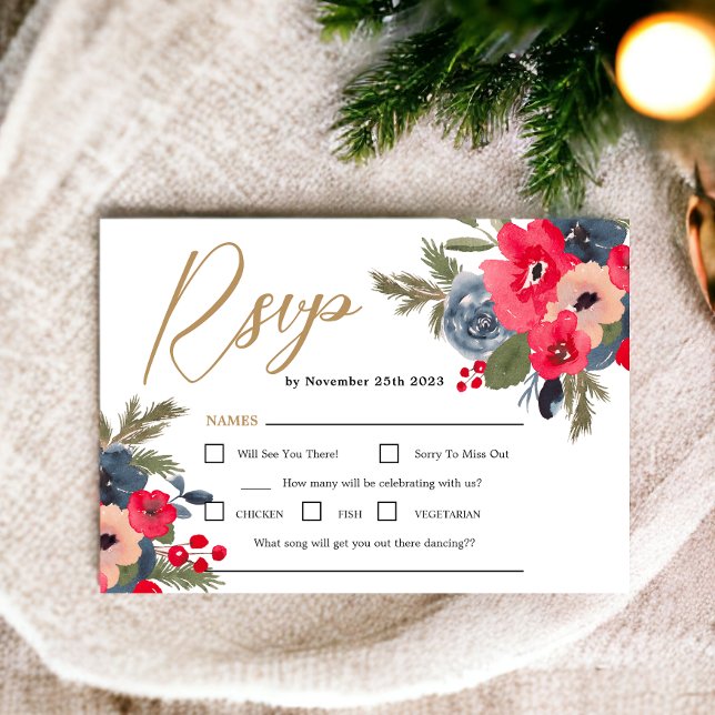 Rustikale, elegante Winter-Wasserfarbenhochzeit RSVP Karte (Rustic Elegant Winter Floral Watercolor Wedding RSVP Card)